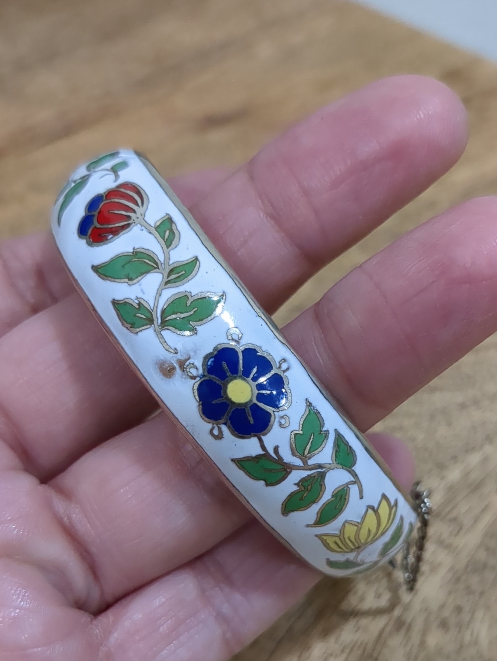Vintage Cloisonné Bangle Bracelet with Multicolor Flowers